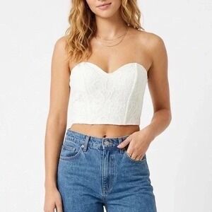 Naked Wardrobe Off White Floral Lace Corset Crop Top Sweetheart Strapless Small
